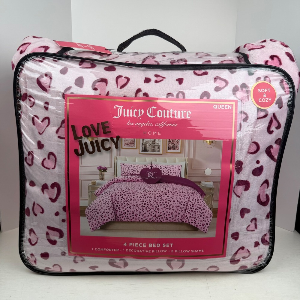 Juicy Couture Queen Bed Set 4 Piece Pink Leopard Heart Comforter Shams Pillow